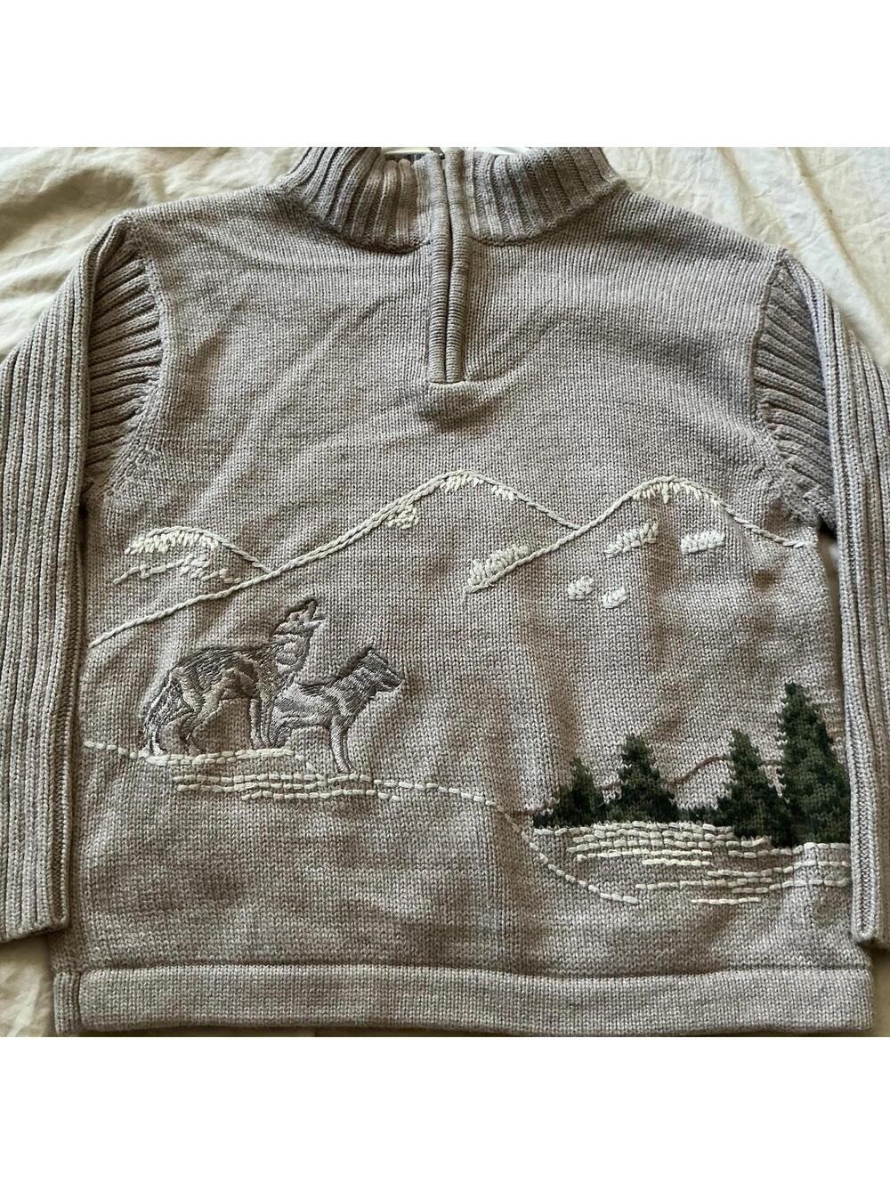 Kids knit/stitched 1/4 zip nature scene wrap around sweater size 7 Vintage Youth